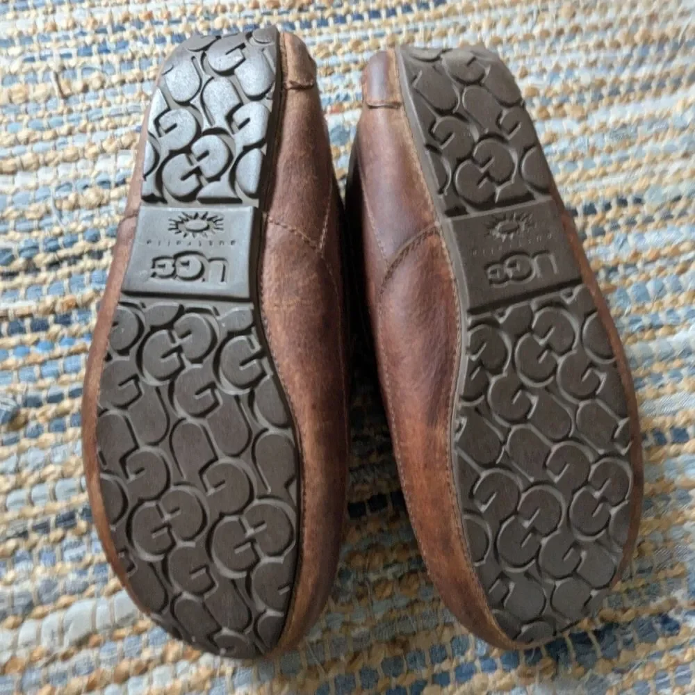 UGG Brown Leather Shearling Lined Loafers 11 Slippers Moccasin Sheepskin Warm Co